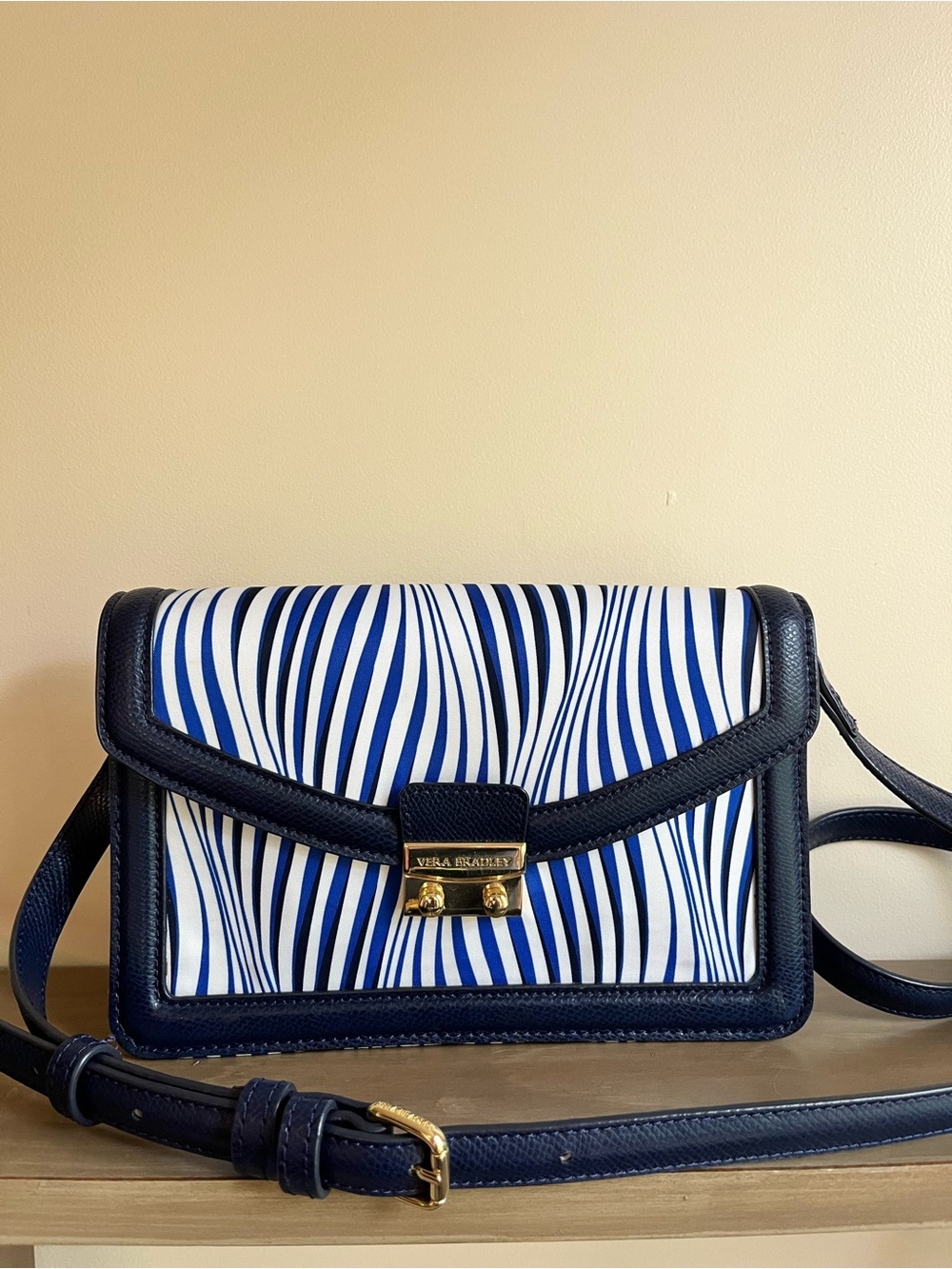 Vera Bradley Navy and White Wave-Stripe Crossbody